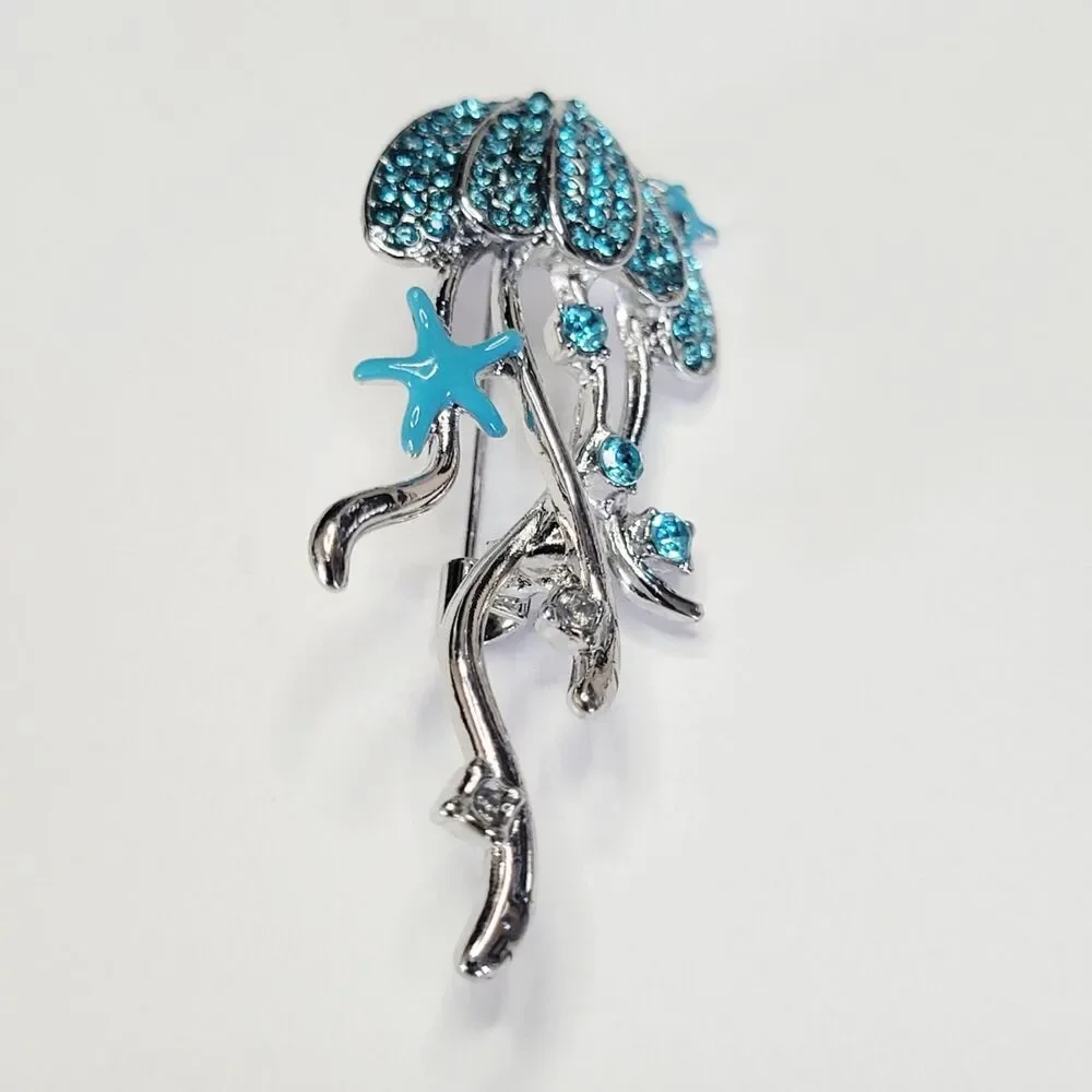 NWT Jellyfish Brooch Aqua Blue Silver Color With Starfish And Rhinestones - S